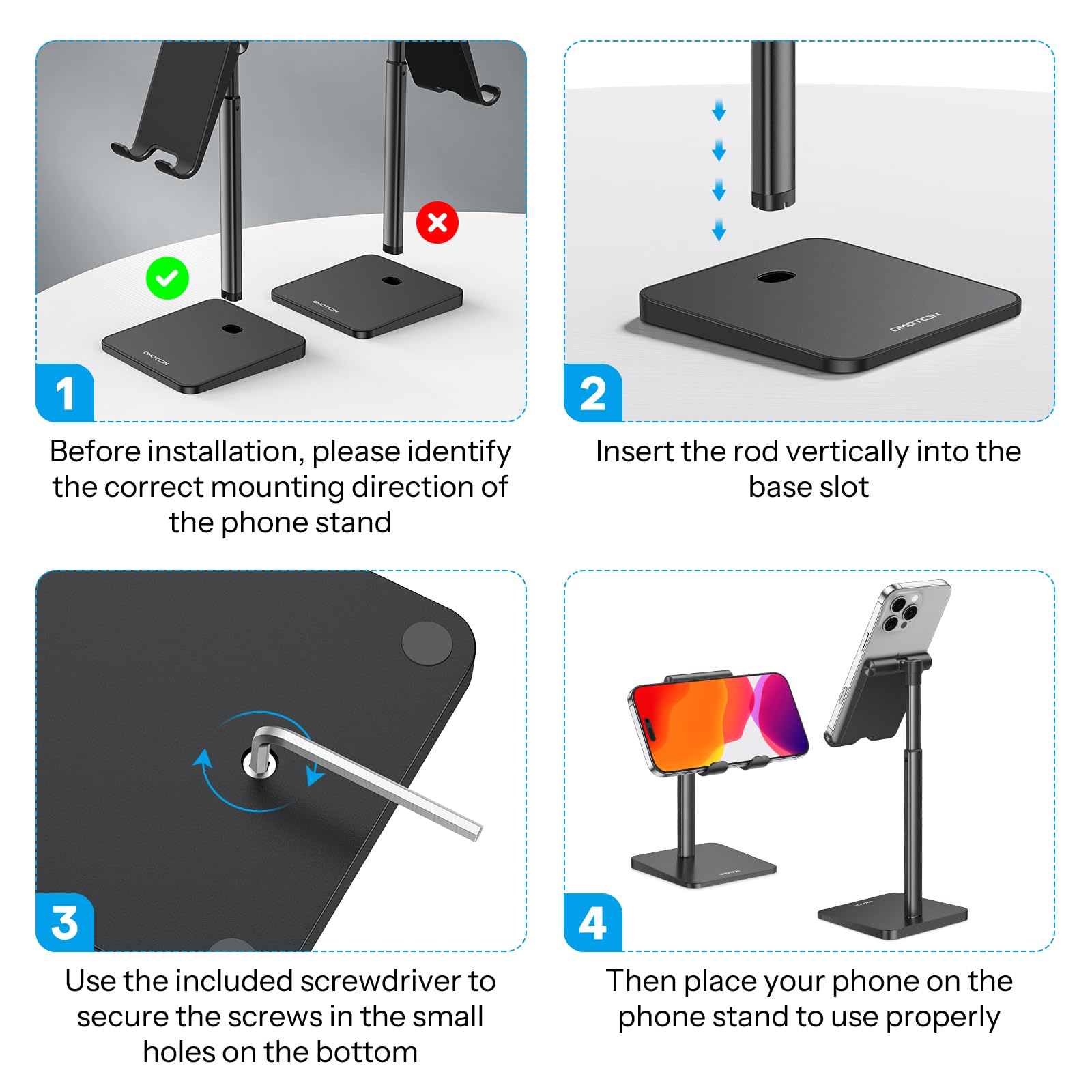 OMOTON OMOTON Adjustable Cell Phone Stand Desk Dock Holder for iPhone and Samsung Galaxy Compatible with 3.5-7.0 Inch Phones Black - View 3 of 9