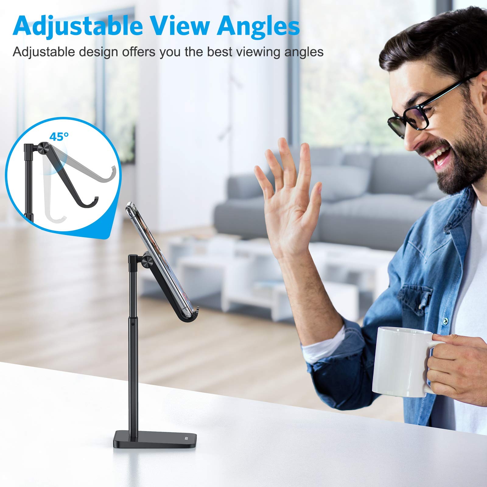 OMOTON OMOTON Adjustable Cell Phone Stand Desk Dock Holder for iPhone and Samsung Galaxy Compatible with 3.5-7.0 Inch Phones Black - View 8 of 9