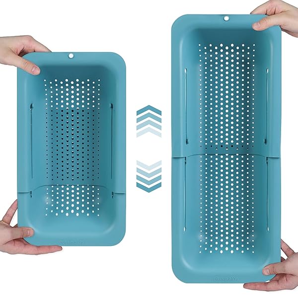 BLUE GINKGO Blue Ginkgo Over the Sink Colander Strainer Basket for Vegetables Fruits Pasta and Dishes Extendable Kitchen Essential Teal