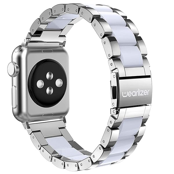 Wearlizer Wearlizer Apple Watch Band 42-49mm Fashion Silver Stainless Steel and White Resin Replacement Bracelet for iWatch Ultra SE Series 1-10 - View 3 of 8