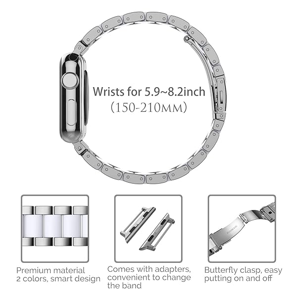 Wearlizer Wearlizer Apple Watch Band 42-49mm Fashion Silver Stainless Steel and White Resin Replacement Bracelet for iWatch Ultra SE Series 1-10 - View 7 of 8