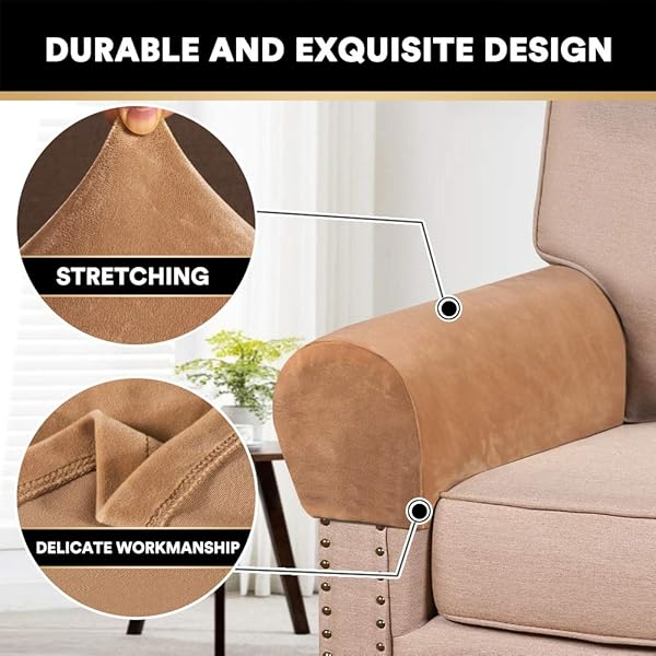 PrinceDeco PrinceDeco 4 Pack Thick Velvet Stretch Armrest Covers Non Slip Camel for Chairs and Sofas - View 4 of 8
