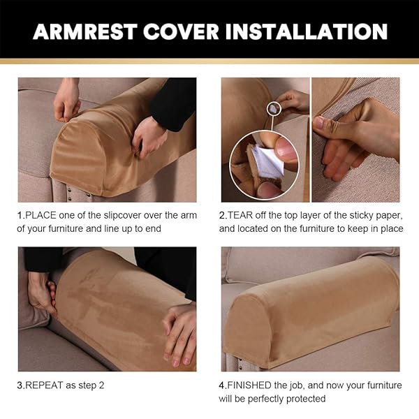 PrinceDeco PrinceDeco 4 Pack Thick Velvet Stretch Armrest Covers Non Slip Camel for Chairs and Sofas - View 7 of 8