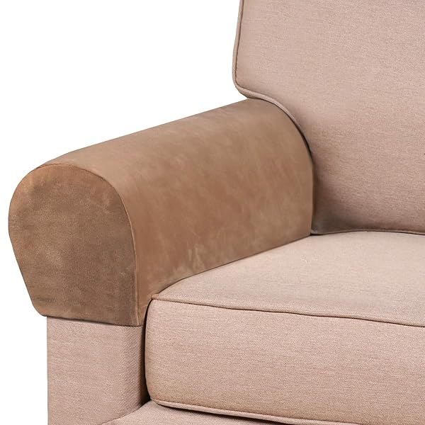 PrinceDeco PrinceDeco 4 Pack Thick Velvet Stretch Armrest Covers Non Slip Camel for Chairs and Sofas