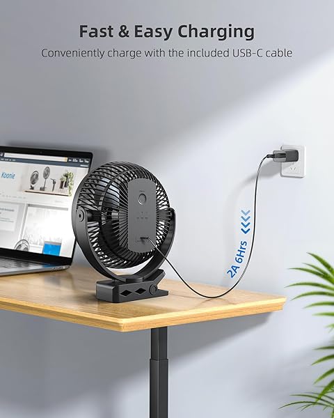 Koonie Koonie 10000mAh Rechargeable Clip on Fan 8 Inch Battery Operated USB Fan with 4 Speeds Strong Airflow for Golf Cart Office Outdoor Travel Black - View 8 of 8