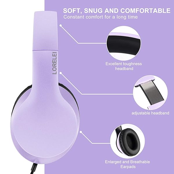 LORELEI LORELEI X6 Lightweight Over-Ear Headphones with Microphone Portable Stereo Bass Wired for Smartphone Tablet MP3 Purple-Black - View 4 of 7