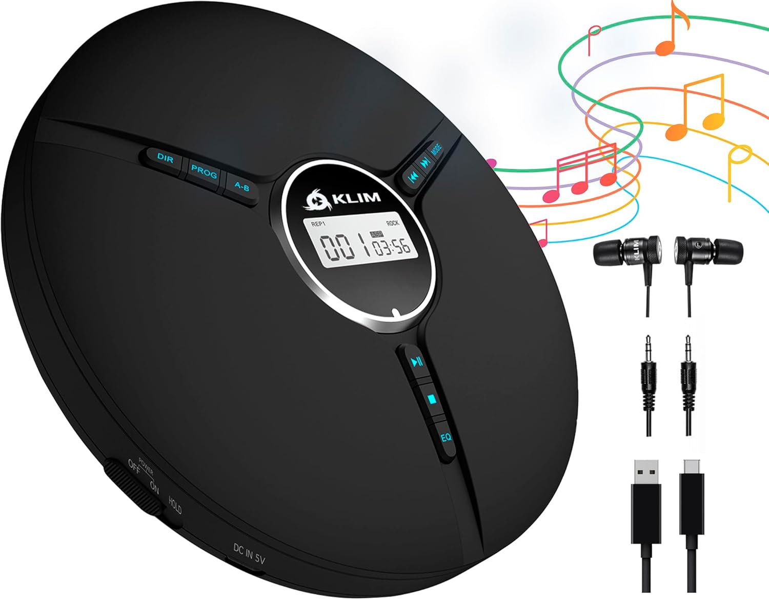 KLIM KLIM Discman Portable CD Player with Headphones Built-in Battery Compatible with SD Card CD MP3 WMA 5 EQ Effects Black