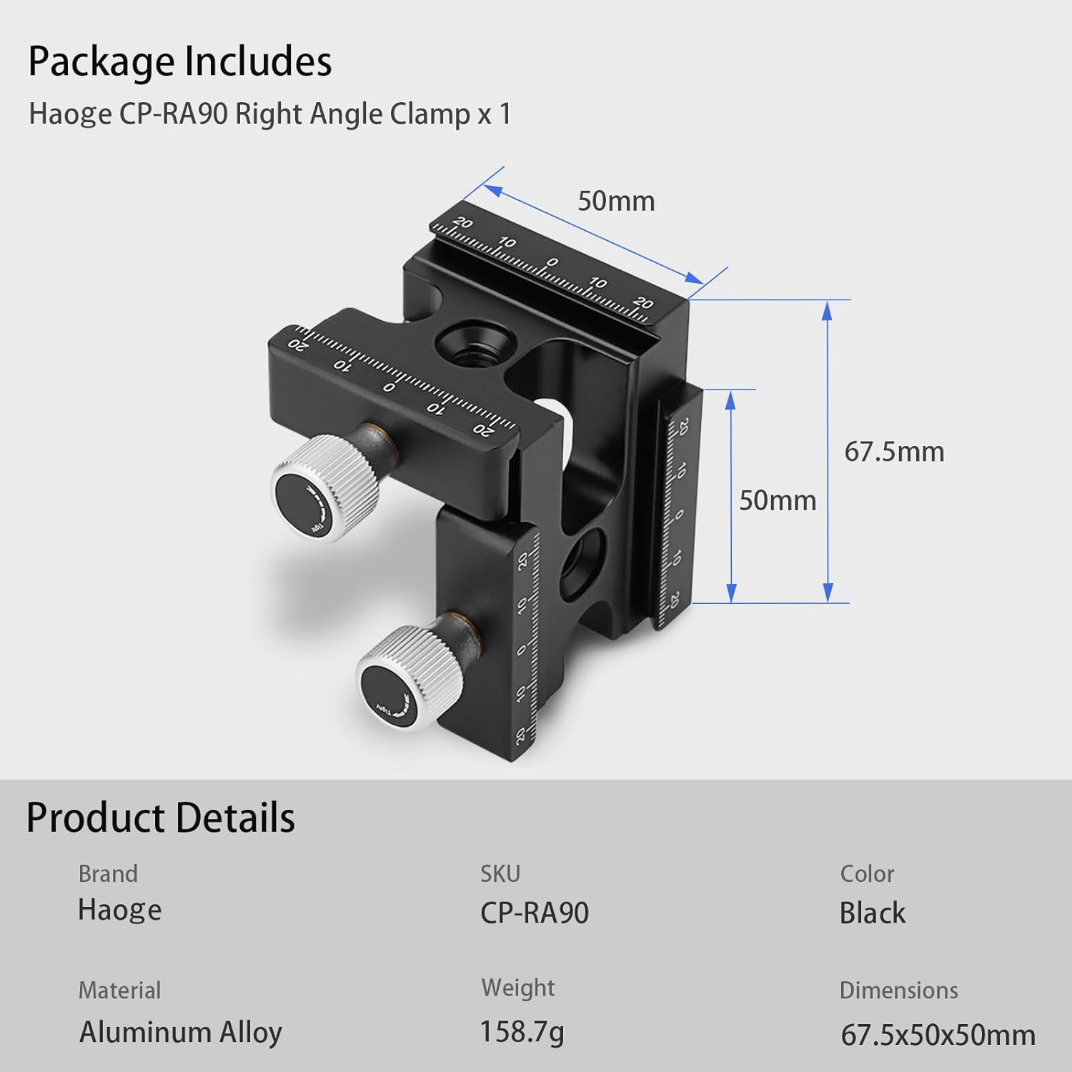 Haoge Haoge CP-RA90 Right Angle Clamp 90 Degree Double Quick Release L Clamp for Arca Swiss RRS Benro Rail Plate Nodal Slide - View 6 of 9