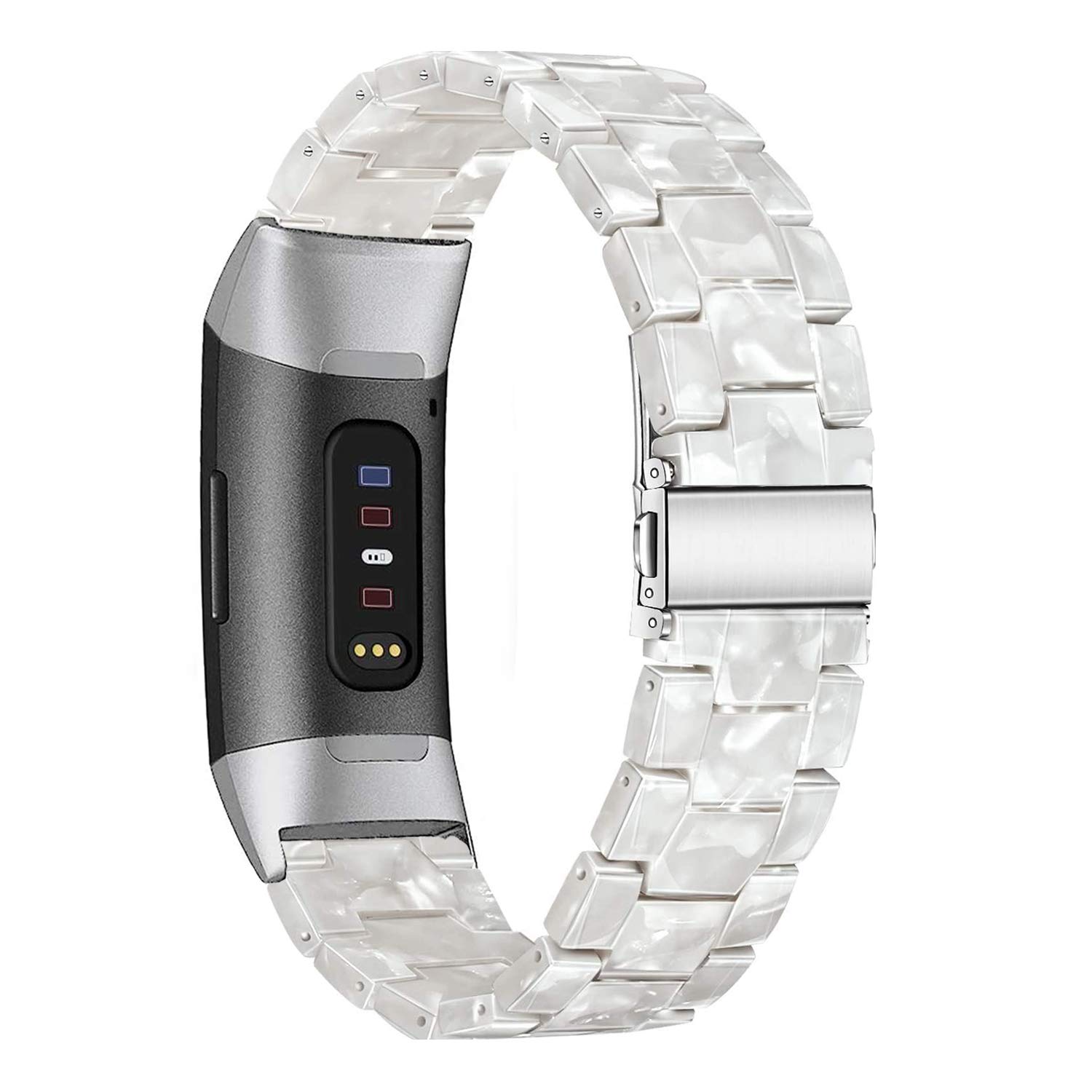 Wongeto Resin Bands for Fitbit Charge 4 Charge 3 SE Replacement Wrist Accessory Rose Gold Buckle Fitness Straps Bracelet for Women Men Pear White - View 2 of 6