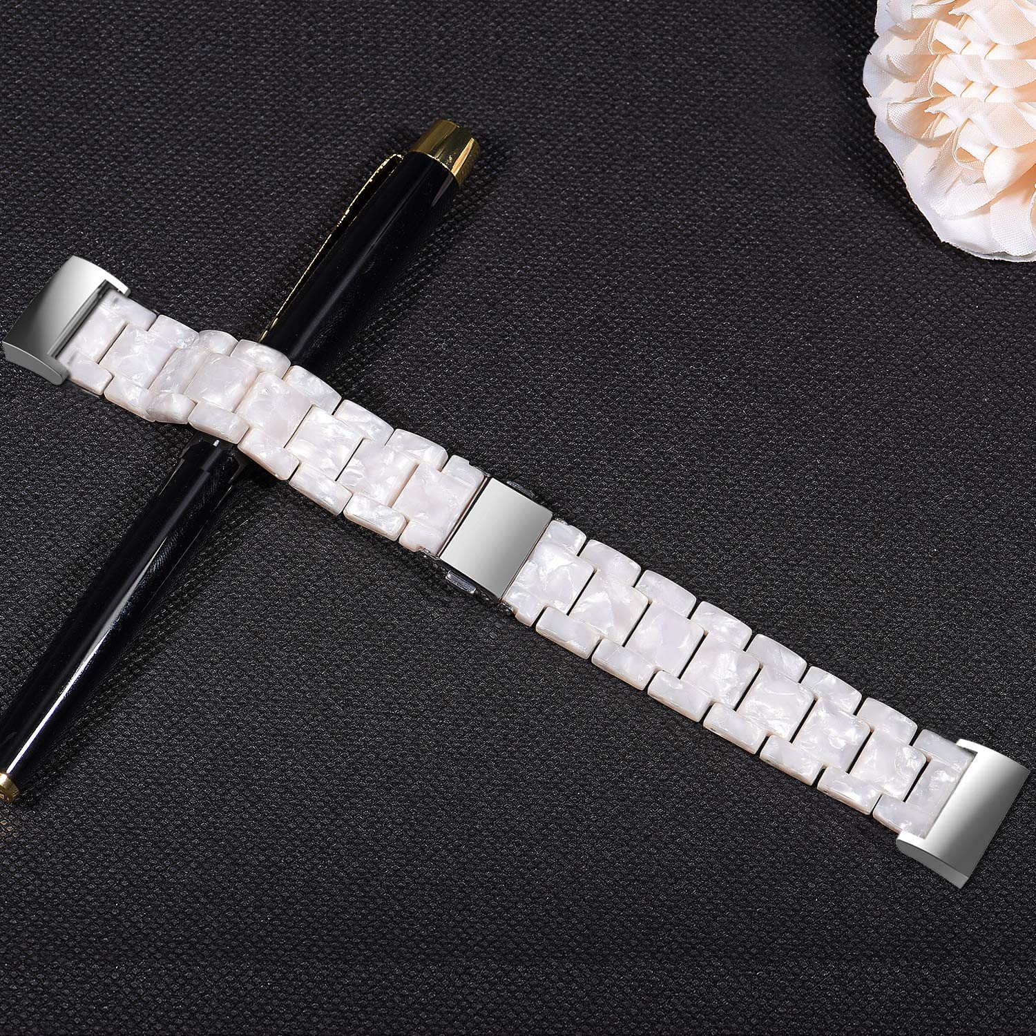 Wongeto Resin Bands for Fitbit Charge 4 Charge 3 SE Replacement Wrist Accessory Rose Gold Buckle Fitness Straps Bracelet for Women Men Pear White - View 5 of 6