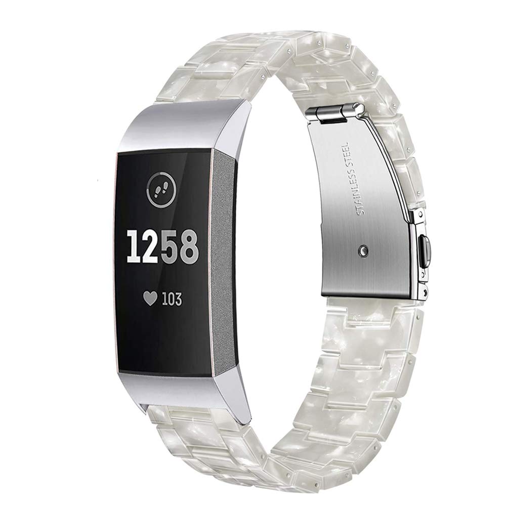 Wongeto Resin Bands for Fitbit Charge 4 Charge 3 SE Replacement Wrist Accessory Rose Gold Buckle Fitness Straps Bracelet for Women Men Pear White