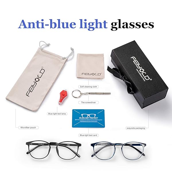 FEIYOLD FEIYOLD Blue Light Blocking Glasses for Men and Women Retro Round Anti Eyestrain Computer Gaming Glasses Black and Blue - View 7 of 7