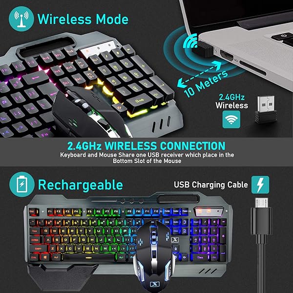 ZIYOU LANG Wireless Gaming Keyboard and Mouse Set with Rainbow LED Backlit Rechargeable Battery Ergonomic Waterproof Design for PC Gamers Black - View 6 of 10