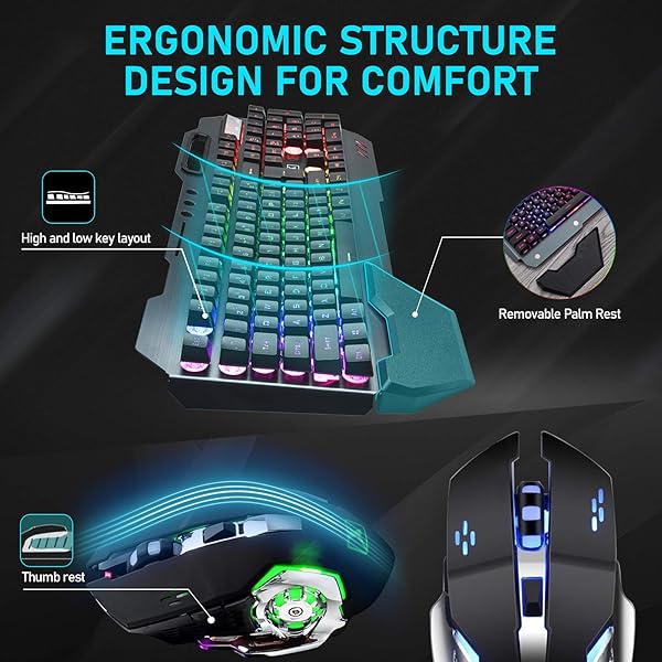 ZIYOU LANG Wireless Gaming Keyboard and Mouse Set with Rainbow LED Backlit Rechargeable Battery Ergonomic Waterproof Design for PC Gamers Black - View 8 of 10