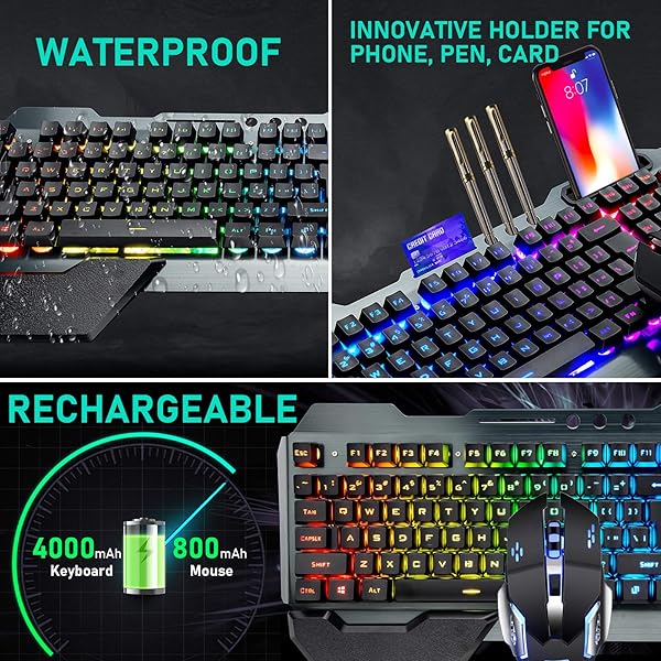 ZIYOU LANG Wireless Gaming Keyboard and Mouse Set with Rainbow LED Backlit Rechargeable Battery Ergonomic Waterproof Design for PC Gamers Black - View 9 of 10