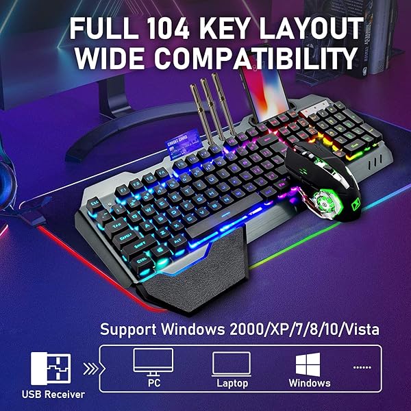 ZIYOU LANG Wireless Gaming Keyboard and Mouse Set with Rainbow LED Backlit Rechargeable Battery Ergonomic Waterproof Design for PC Gamers Black - View 10 of 10