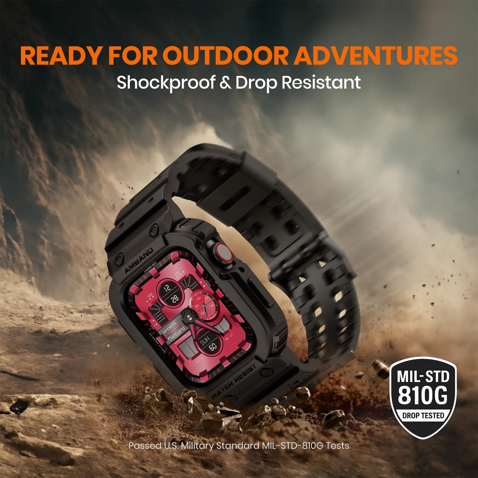 amBand amBand Compatible with Apple Watch Series 9 8 7 SE (3 2 1) 6 5 4 3 Band for Men 45mm 44mm 42mm Case, Rugged Sport Strap for iWatch 45 44 mm Military - View 8 of 9