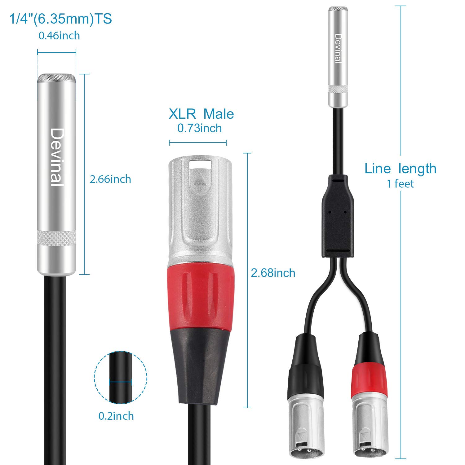Devinal 1/4 Inch Female to Dual XLR Breakout Cable 6.35mm Female TRS to 2 XLR Male Audio Converter 1FT Y Splitter Cord - View 2 of 5