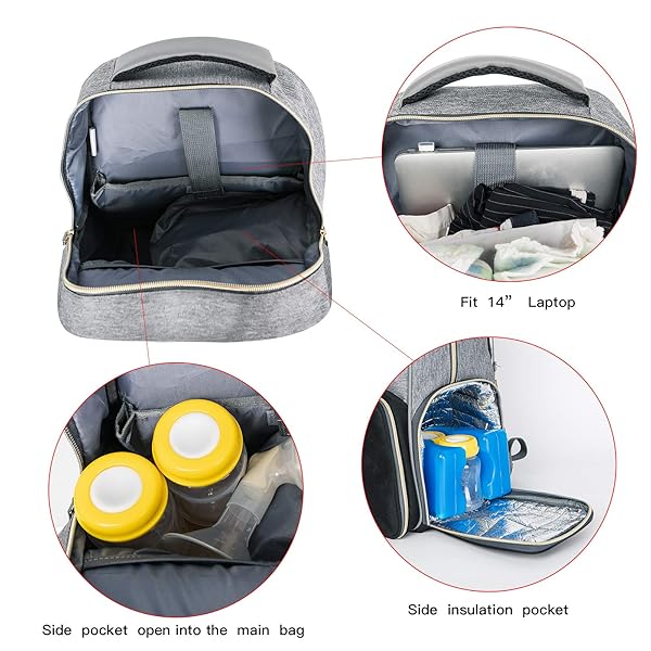 MOMIGO Breast Pump Backpack Diaper Bag Multi-Function Cooler Moistureproof Insulated Bag for Moms Baby Bottles Grey Black - View 6 of 9
