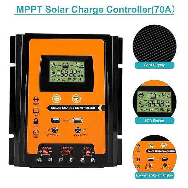 Yosoo Health Gear MPPT Solar Charge Controller 12V 24V 30A 50A 70A Dual USB LCD Display Battery Regulator for Solar Power Charging - View 6 of 10