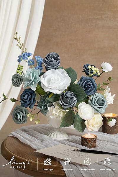 Ling's moment Ling's Moment Faux Flowers Box Dusty Blue Ivory Silk Roses Foam Greenery for Wedding Decor Centerpieces Floral Arrangements - View 3 of 6