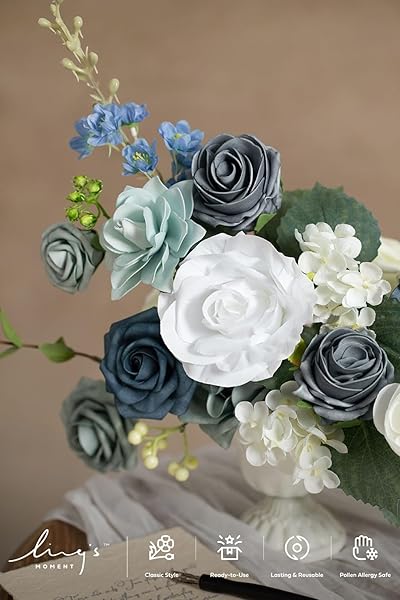 Ling's moment Ling's Moment Faux Flowers Box Dusty Blue Ivory Silk Roses Foam Greenery for Wedding Decor Centerpieces Floral Arrangements - View 4 of 6