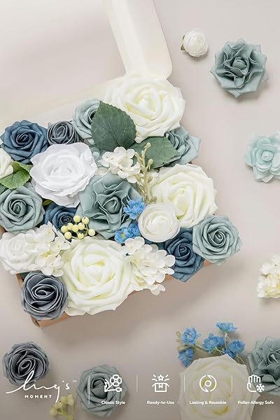 Ling's moment Ling's Moment Faux Flowers Box Dusty Blue Ivory Silk Roses Foam Greenery for Wedding Decor Centerpieces Floral Arrangements - View 5 of 6