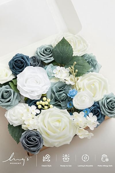 Ling's moment Ling's Moment Faux Flowers Box Dusty Blue Ivory Silk Roses Foam Greenery for Wedding Decor Centerpieces Floral Arrangements - View 6 of 6