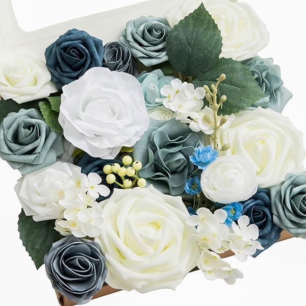 Ling's moment Ling's Moment Faux Flowers Box Dusty Blue Ivory Silk Roses Foam Greenery for Wedding Decor Centerpieces Floral Arrangements - View 2 of 6