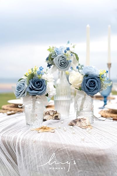 Ling's moment Ling's Moment Dusty Blue Wedding Table Centerpieces Mini Bridesmaid Bouquets Set of 6 Light Blue Rose Floral Decor for Reception - View 3 of 7
