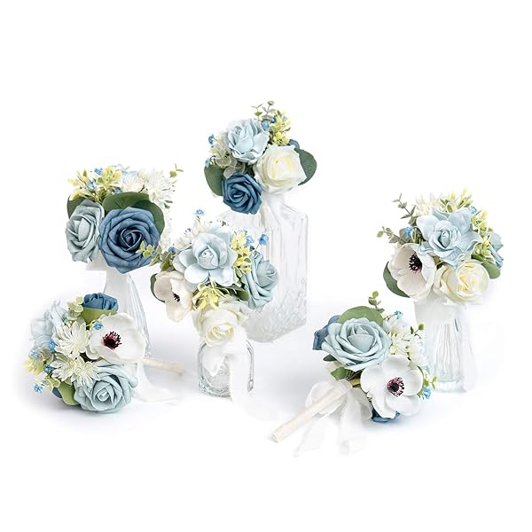 Ling's moment Ling's Moment Dusty Blue Wedding Table Centerpieces Mini Bridesmaid Bouquets Set of 6 Light Blue Rose Floral Decor for Reception - View 2 of 7