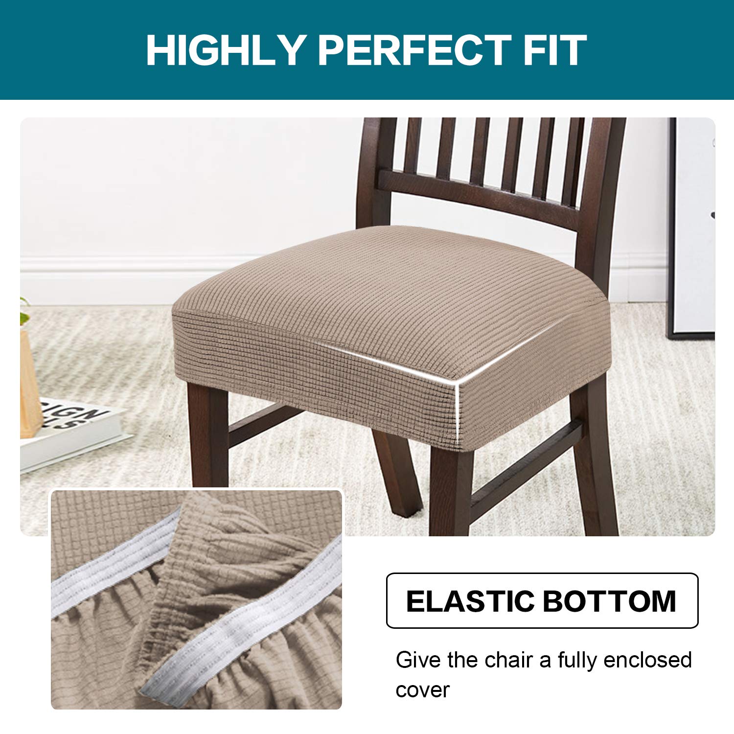 Turquoize Turquoize Stretch Dining Chair Covers Set of 4 Removable Washable Khaki Seat Cushions for Dining Room Kitchen Chair Protection - View 4 of 7