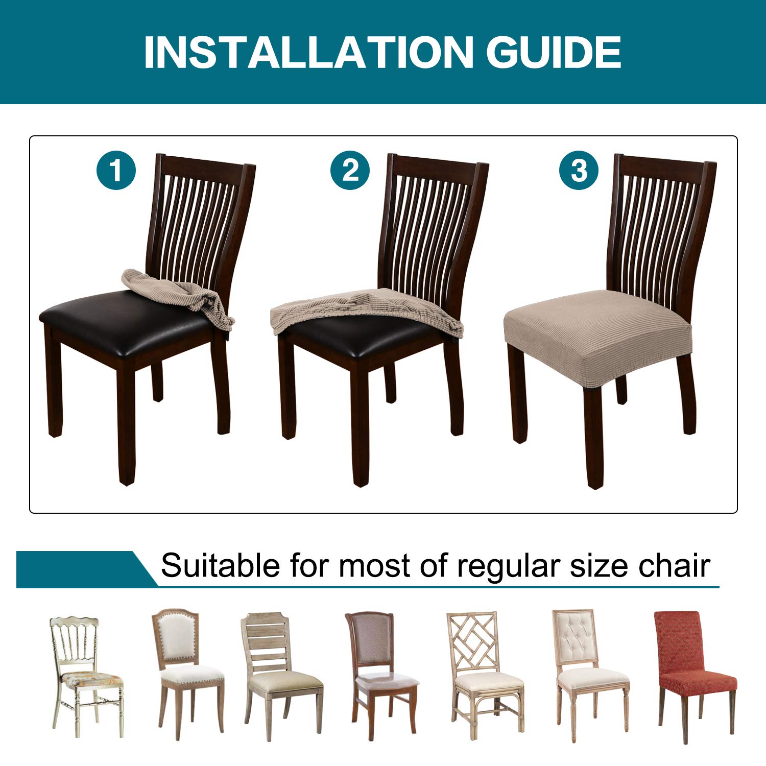 Turquoize Turquoize Stretch Dining Chair Covers Set of 4 Removable Washable Khaki Seat Cushions for Dining Room Kitchen Chair Protection - View 5 of 7