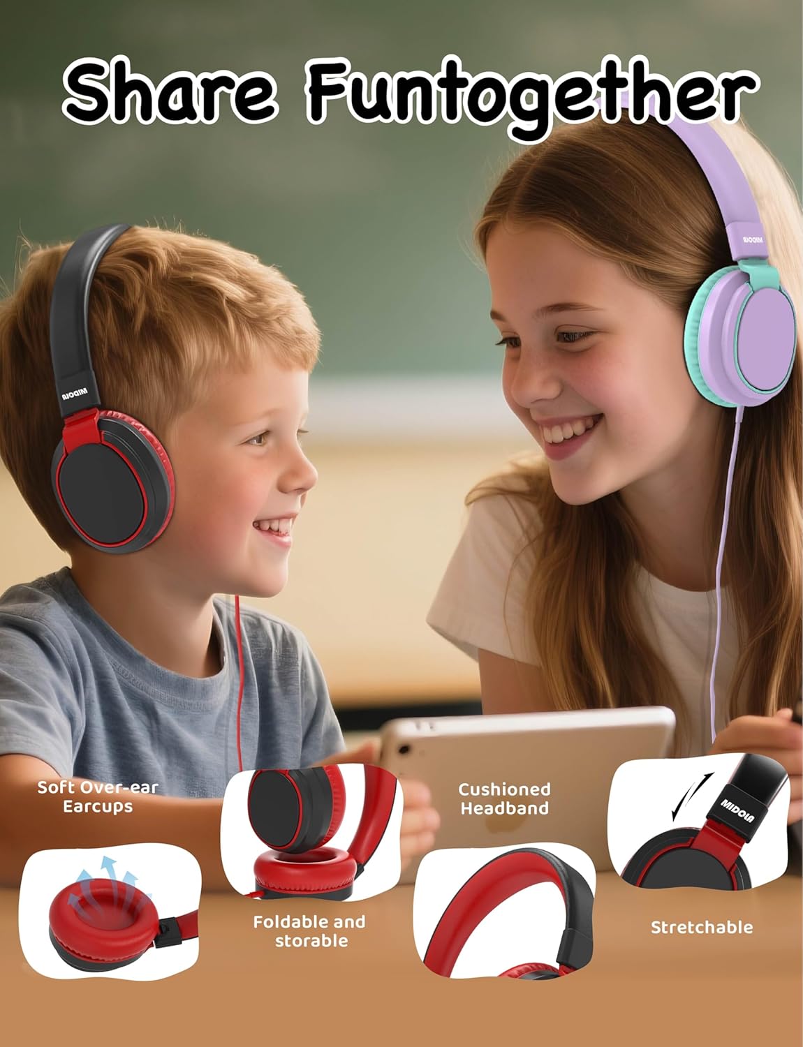 MIDOLA Buy MIDOLA Kids Headphones: Foldable Over-Ear 85/110dB Noise Protection with Mic for School & Devices - Black - View 2 of 9