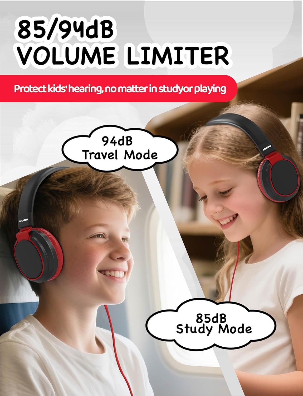 MIDOLA Buy MIDOLA Kids Headphones: Foldable Over-Ear 85/110dB Noise Protection with Mic for School & Devices - Black - View 3 of 9