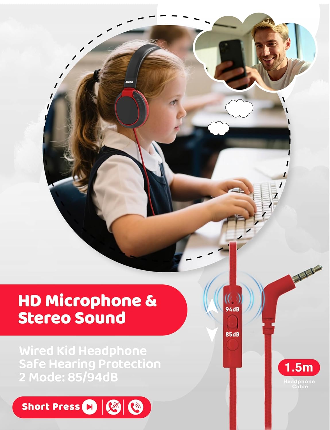 MIDOLA Buy MIDOLA Kids Headphones: Foldable Over-Ear 85/110dB Noise Protection with Mic for School & Devices - Black - View 7 of 9