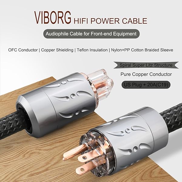 Viborg Viborg 20A Hi-end Power Cord 6.6FT 2x9AWG HiFi Audiophile Power Cable with Pure Copper Plug and IEC C19 Connector - View 6 of 10