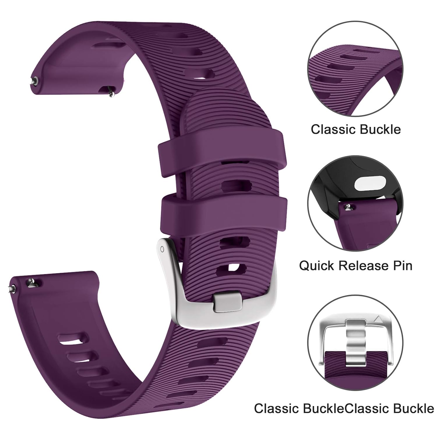 ISABAKE ISABAKE Soft Silicone Watch Band for Garmin Forerunner 245 645 Vivoactive 3 Venu Sq Vivomove HR 20mm Purple Replacement Wristband - View 3 of 9