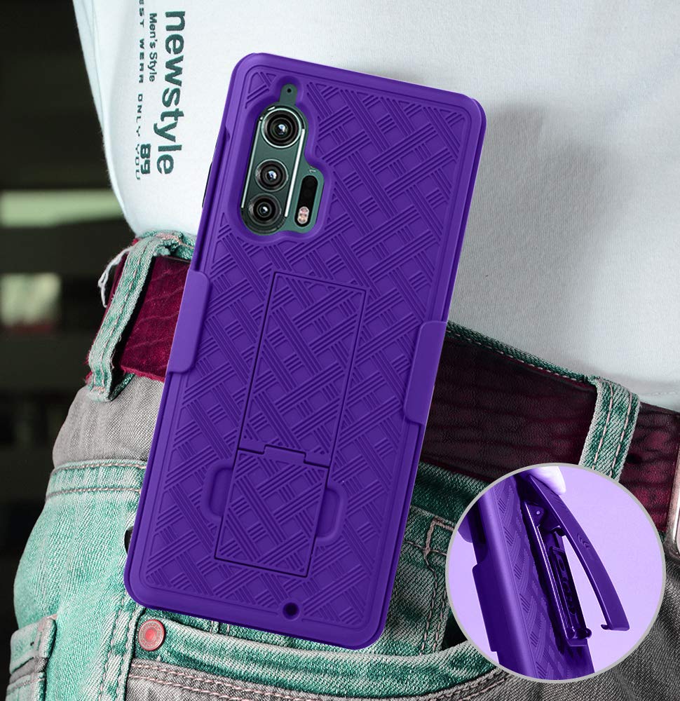 Nakedcellphone Motorola Edge Plus Case with Clip Nakedcellphone Purple Kickstand Cover Rotating Belt Holster Combo for Moto Edge 2020 XT2061 - View 6 of 9