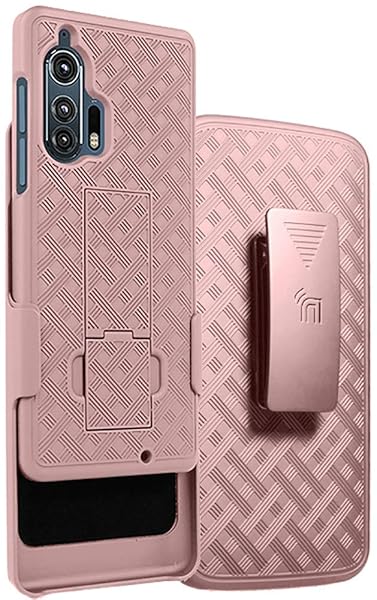 Motorola Edge Plus Case with Clip Rose Gold Pink Kickstand Cover and Rotating Belt Holster Combo for Moto Edge Plus 2020 XT2061