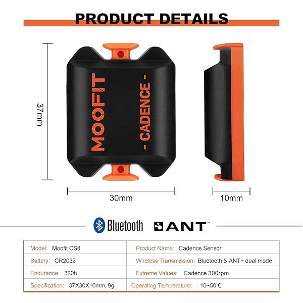 moofit Moofit Cadence Speed Sensor Bluetooth ANT Wireless RPM Cycling Spin Bike Sensor for Wahoo Coosporide Rouvy Peloton IP67 Waterproof Orange - View 4 of 10