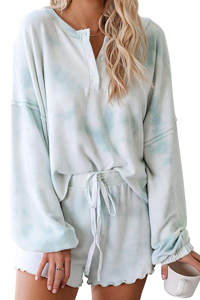 Lopie Lopie Womens Lounge Sets 2 Piece Pajamas Long Sleeve Tops Shorts Sleepwear Tie Dye Ruffle Nightwear Sky Blue XXL