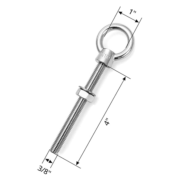 QWORK QWORK Stainless Steel Machinery Eye Bolt 5 Pack 3/8 x 4 Inch Long Marine Grade Threaded Eyebolts for Heavy Duty Use - View 6 of 6