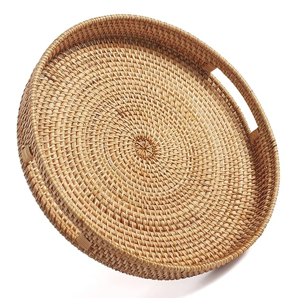 DECRAFTS Large Round Rattan Coffee Table Tray Woven Serving Tray with Handles for Home and Kitchen Decorative Natural 14 inch x 2.8 inch