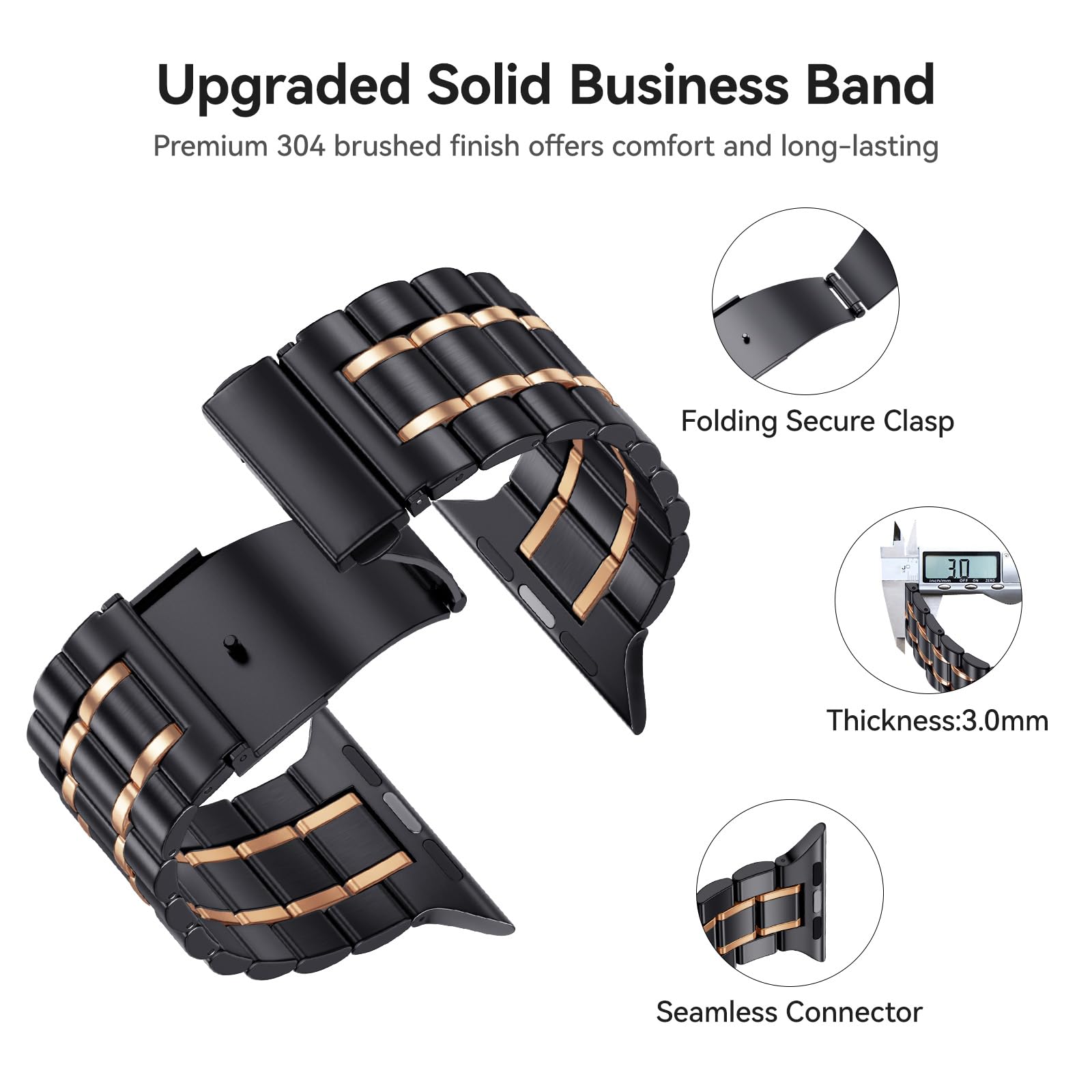 Bestig Stainless Steel Apple Watch Band 49mm 46mm 45mm 44mm 42mm for Men Women Sport Business Strap Black Rose Gold - View 3 of 9