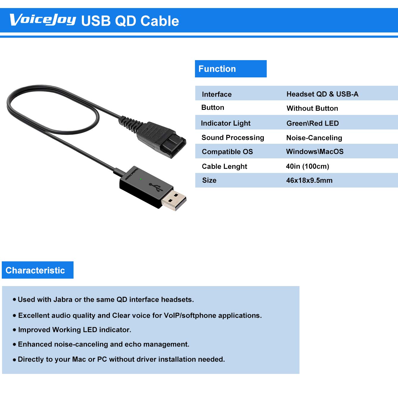 VoiceJoy VoiceJoy Quick Disconnect USB Adapter for Jabra GN Headsets - Fast & Reliable Connection - View 2 of 6