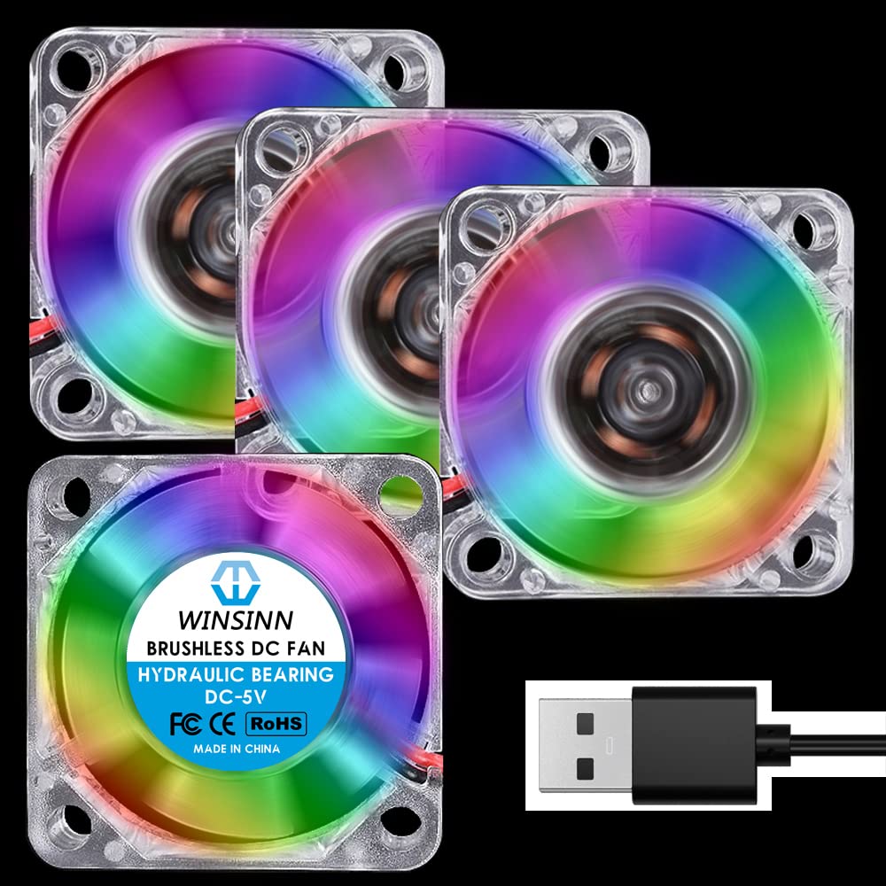WINSINN 30mm RGB USB Fan Pack of 4 Colorful 3D Printer Micro Fans Brushless Cooling 5V Hydraulic Bearing 3010