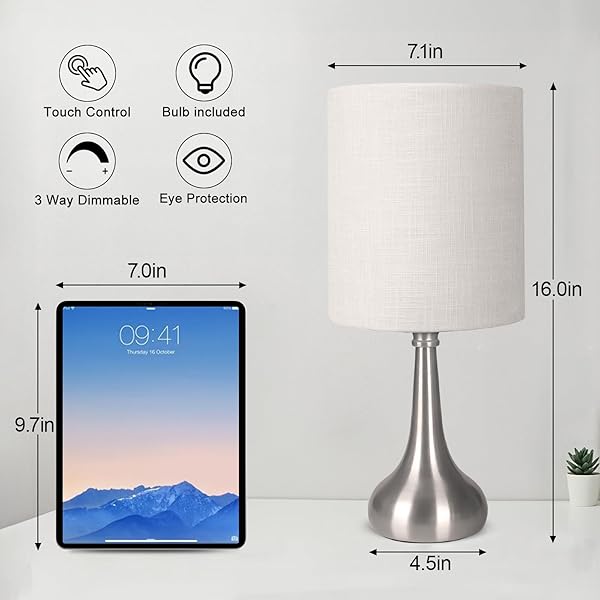 Boncoo Boncoo Touch Control Table Lamp 3 Way Dimmable Night Light with White Lampshade Silver Base Small Bedside Lamp for Bedroom Office Dorm - View 4 of 9