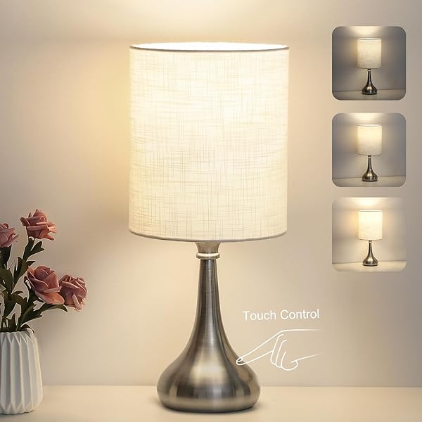Boncoo Boncoo Touch Control Table Lamp 3 Way Dimmable Night Light with White Lampshade Silver Base Small Bedside Lamp for Bedroom Office Dorm