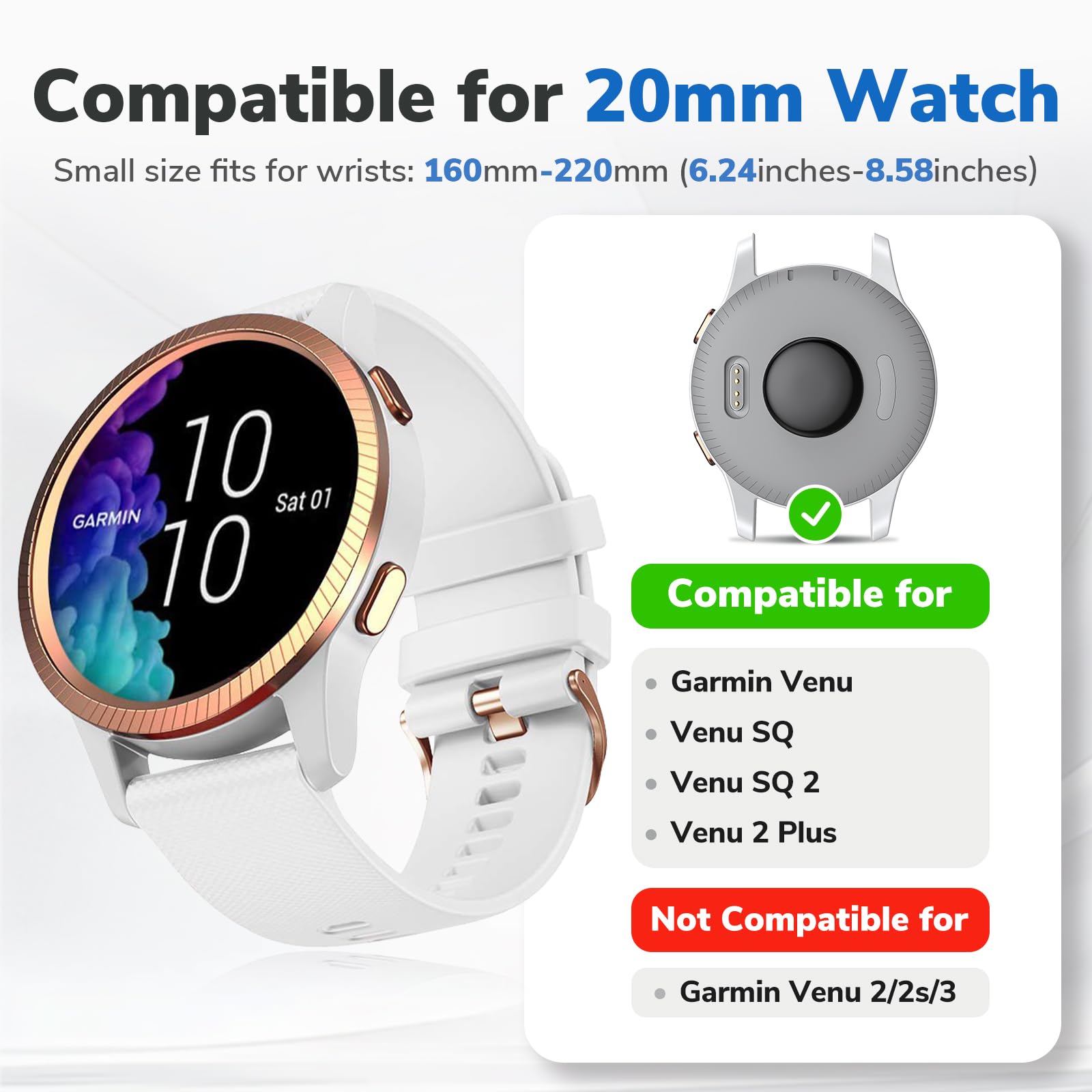 NotoCity NotoCity Soft Silicone Replacement Strap for Garmin Venu Venu 2 Plus Venu Sq Vivoactive 3 5 Forerunner 245 645 White S 20mm - View 5 of 7